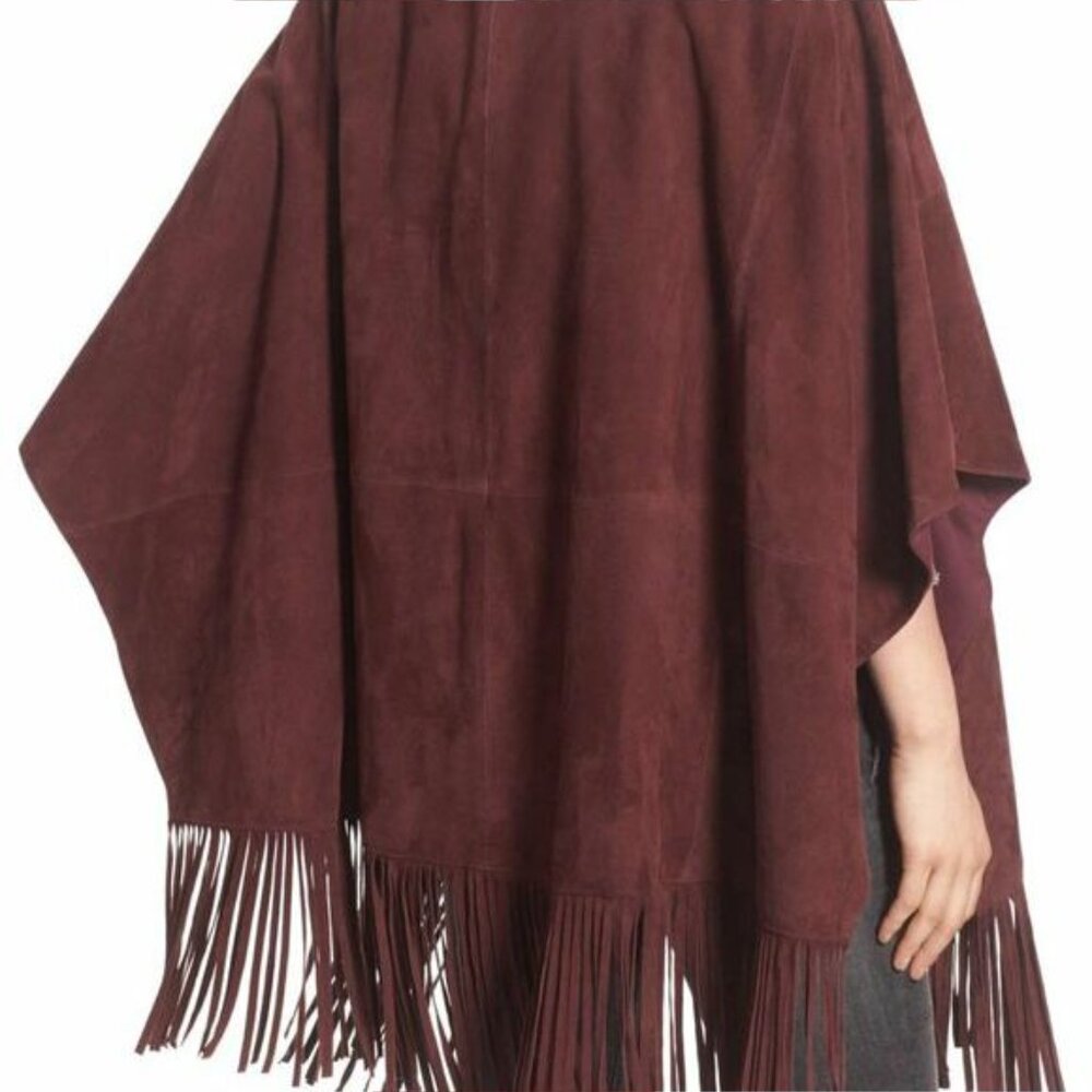 NWT Hinge Suede Fringe Cape BURGUNDY STEM